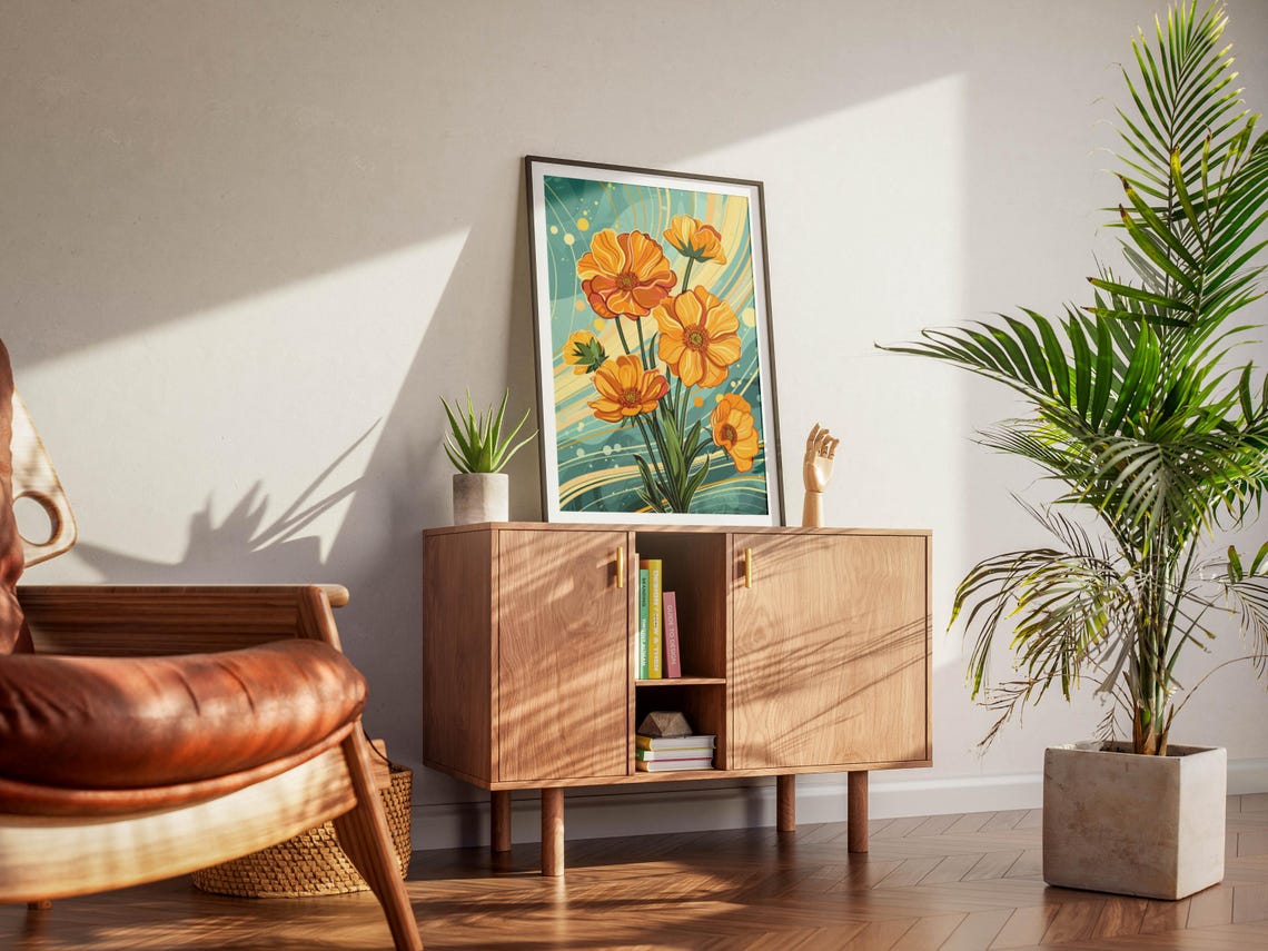 Orange Poppies over Teal Waves Modern Graphic Floral Art Poster - Image 3
