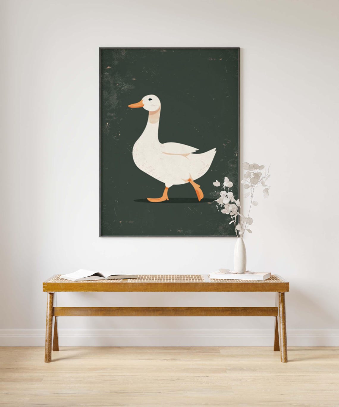 Minimalist White Goose Strolling Across Dark Green Chalkboard Poster - Image 3