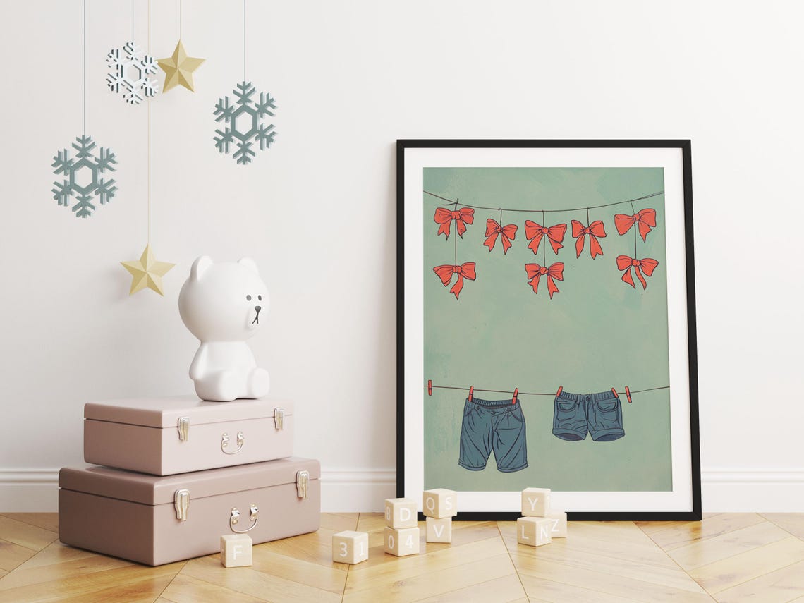 Red Bows and Denim Shorts Hanging on a Clothesline Kids Art Poster - Image 6