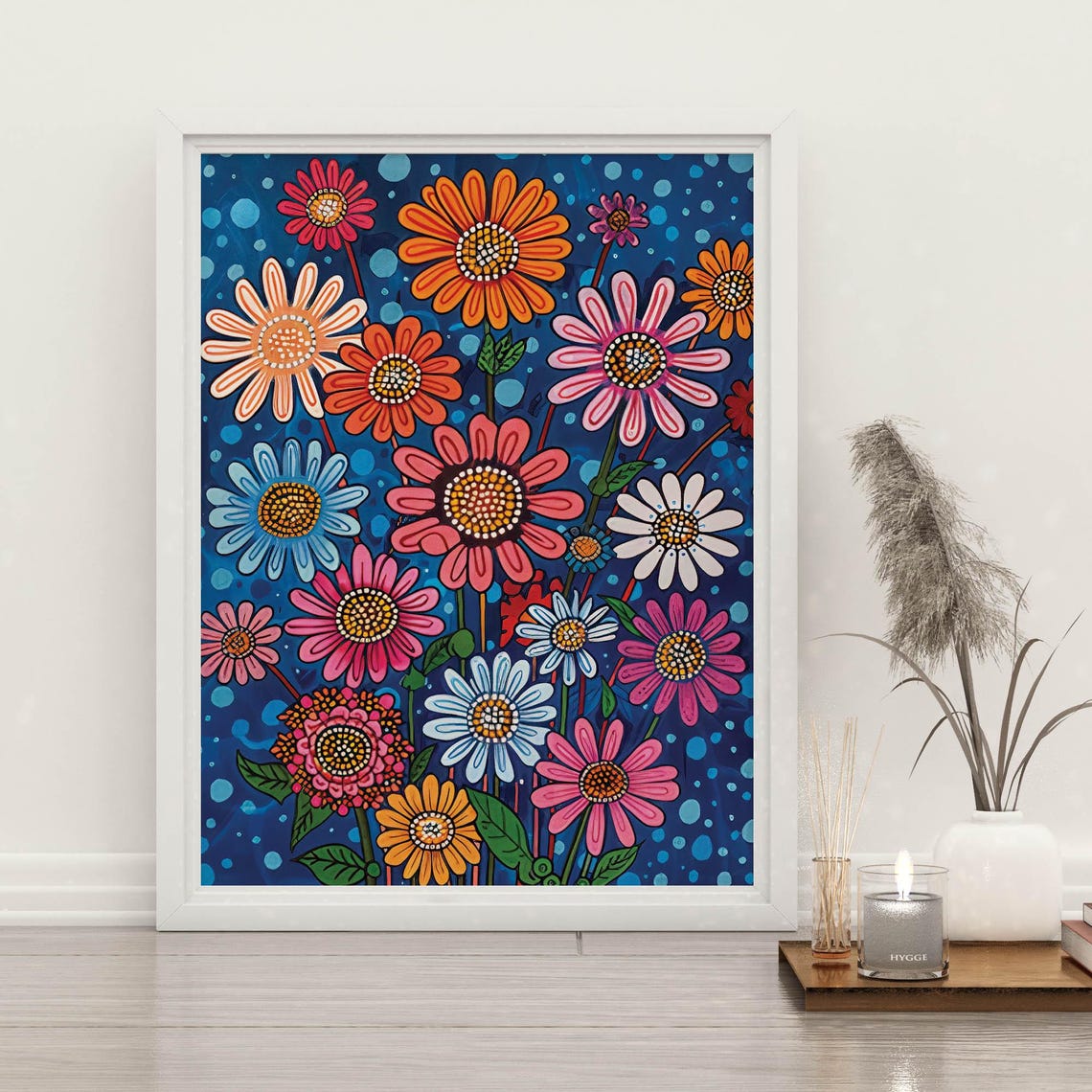 Colorful Folk-Art Daisies on Midnight Blue Background Poster