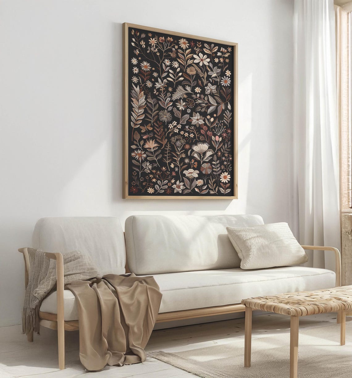 Dark Moody Wildflower Meadow Tapestry on Black Background Poster - Image 2