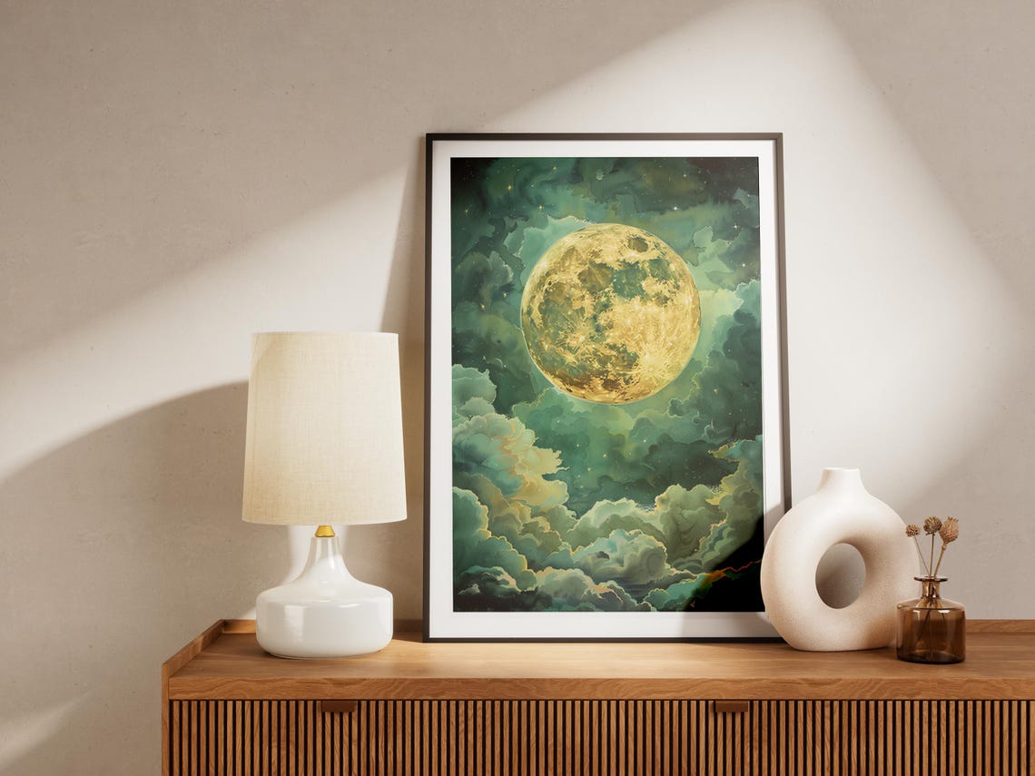 Golden Full Moon Glowing Through Teal Clouds Celestial Art Poster - Image 6