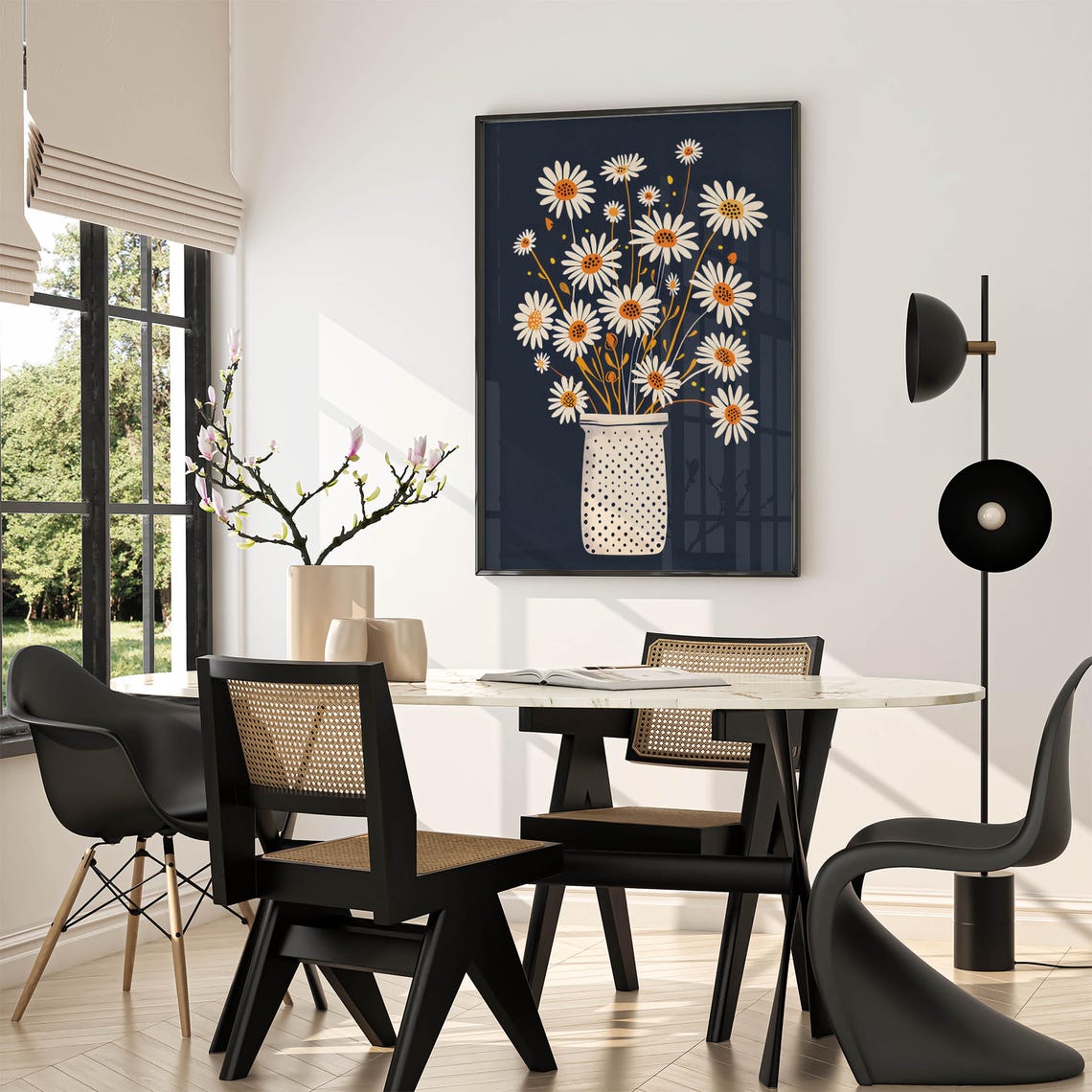 Chamomile Daisies in Polka-Dot Vase on Dark Navy Floral Poster - Image 2