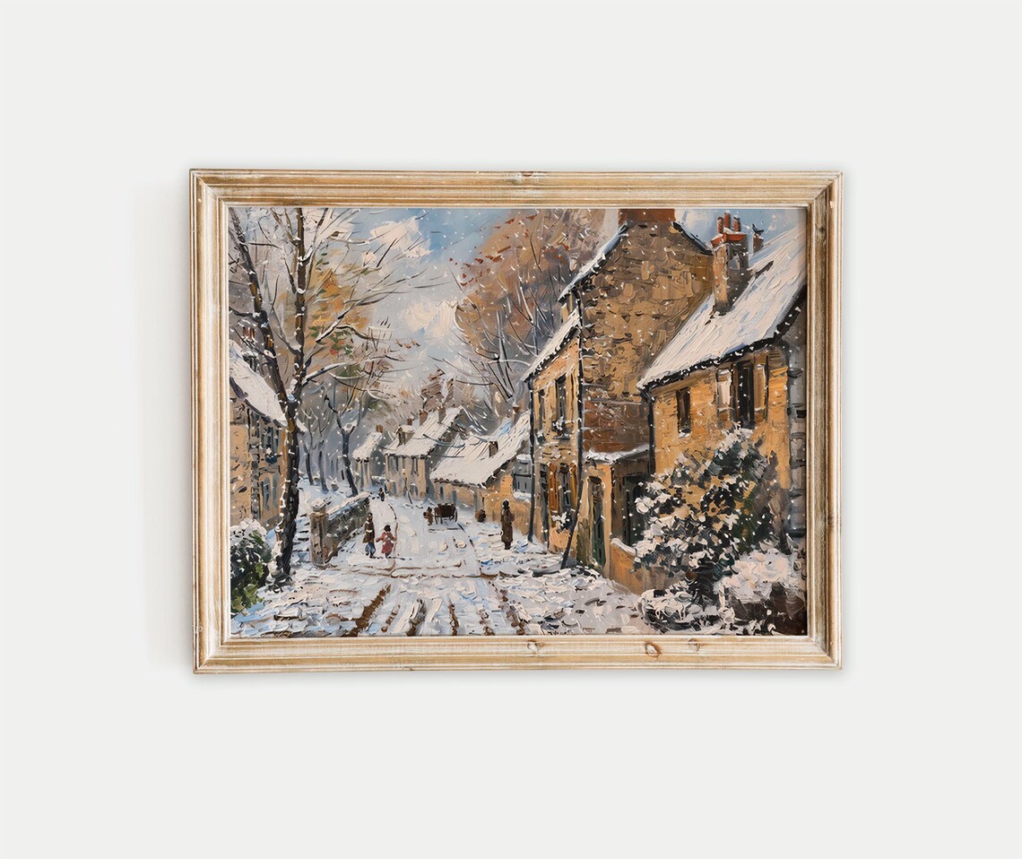 Snowy Village Street with Stone Cottages Impressionist Winter Poster