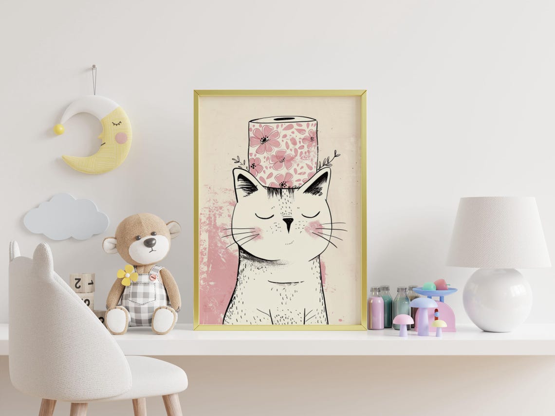 Whimsical Cat Wearing Pink Floral Hat Minimalist Line Art Poster - Image 3