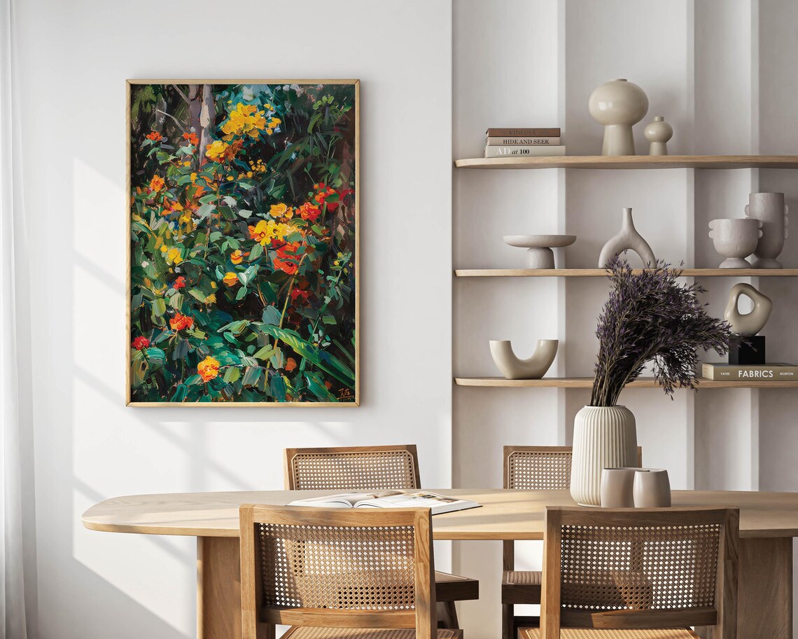 Lush Garden Blooming with Yellow and Red Flowers Oil Painting Poster - Image 3