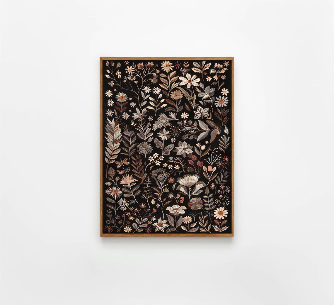 Dark Moody Wildflower Meadow Tapestry on Black Background Poster
