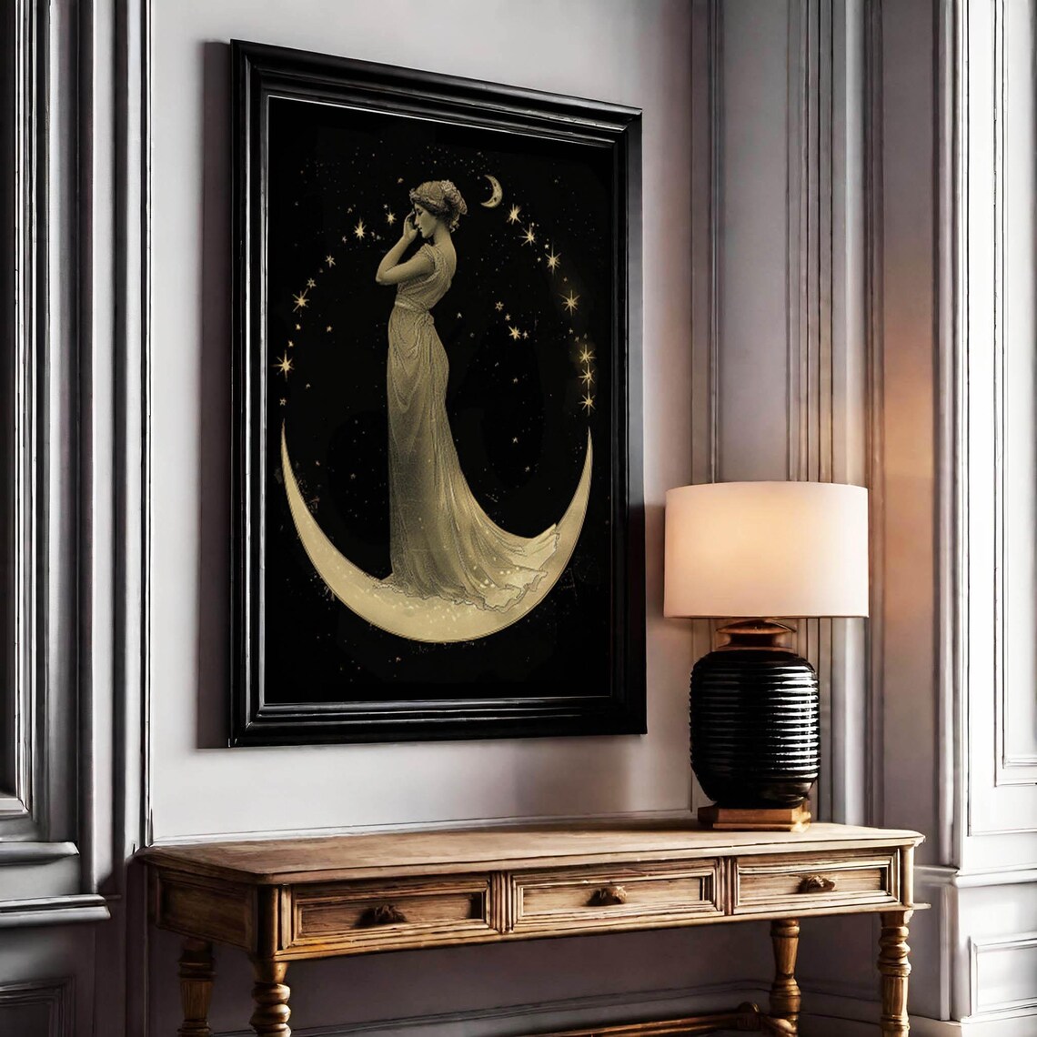 Art Nouveau Moon Lady in Gold Gown Standing on Crescent Moon Poster - Image 5