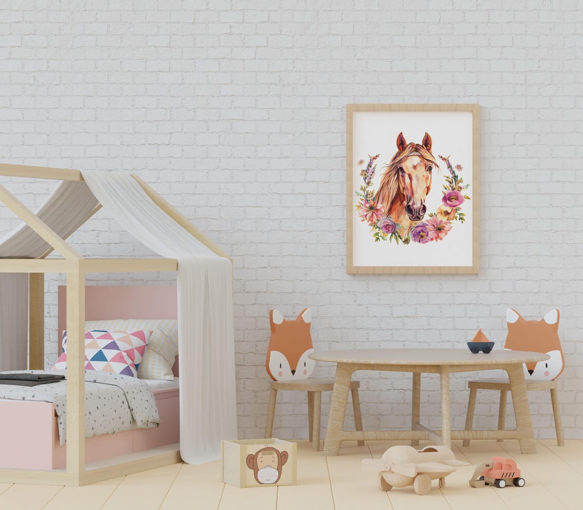 Chestnut Horse Portrait with Colorful Floral Wreath Nursery Poster - Image 3