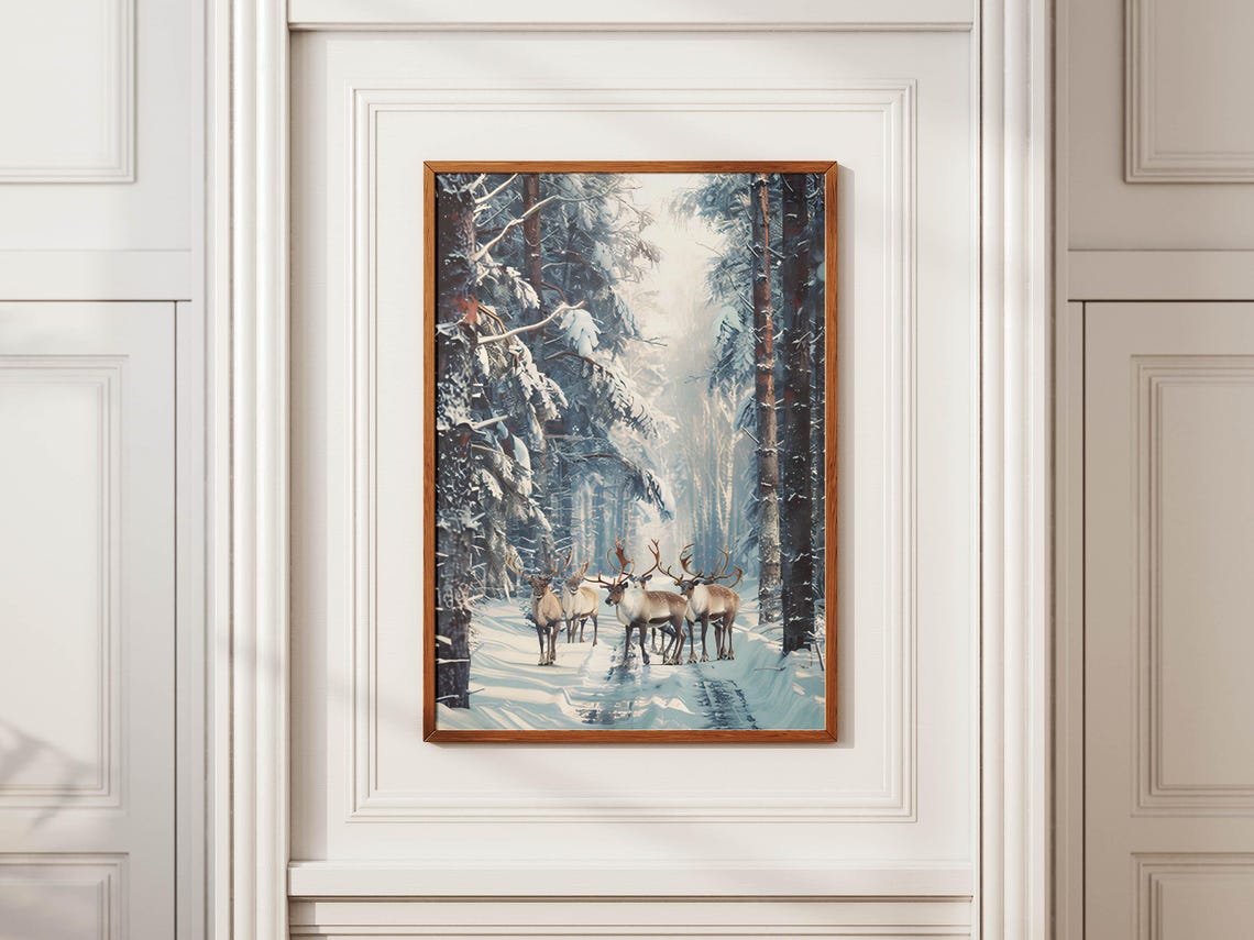 Reindeer Herd on a Snowy Trail Through the Pine Forest Poster