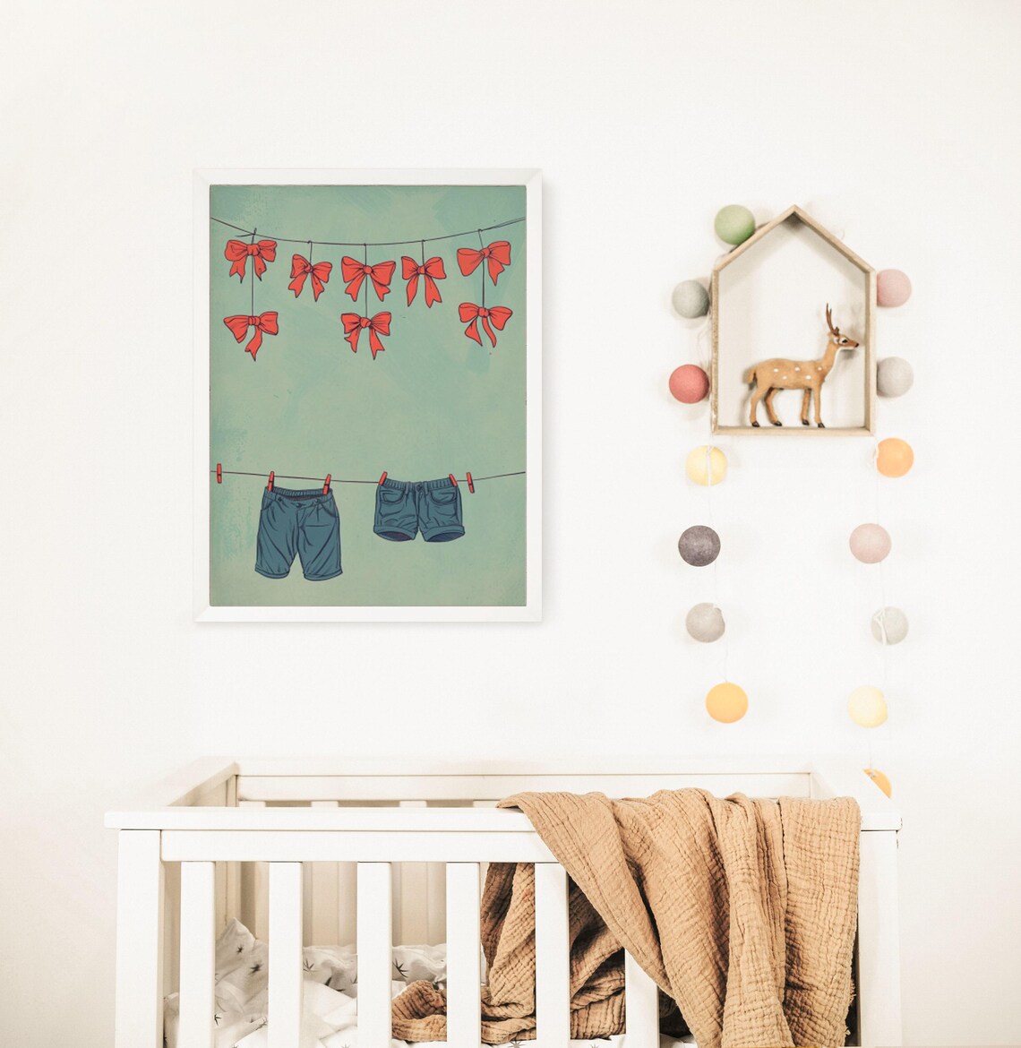 Red Bows and Denim Shorts Hanging on a Clothesline Kids Art Poster - Image 5