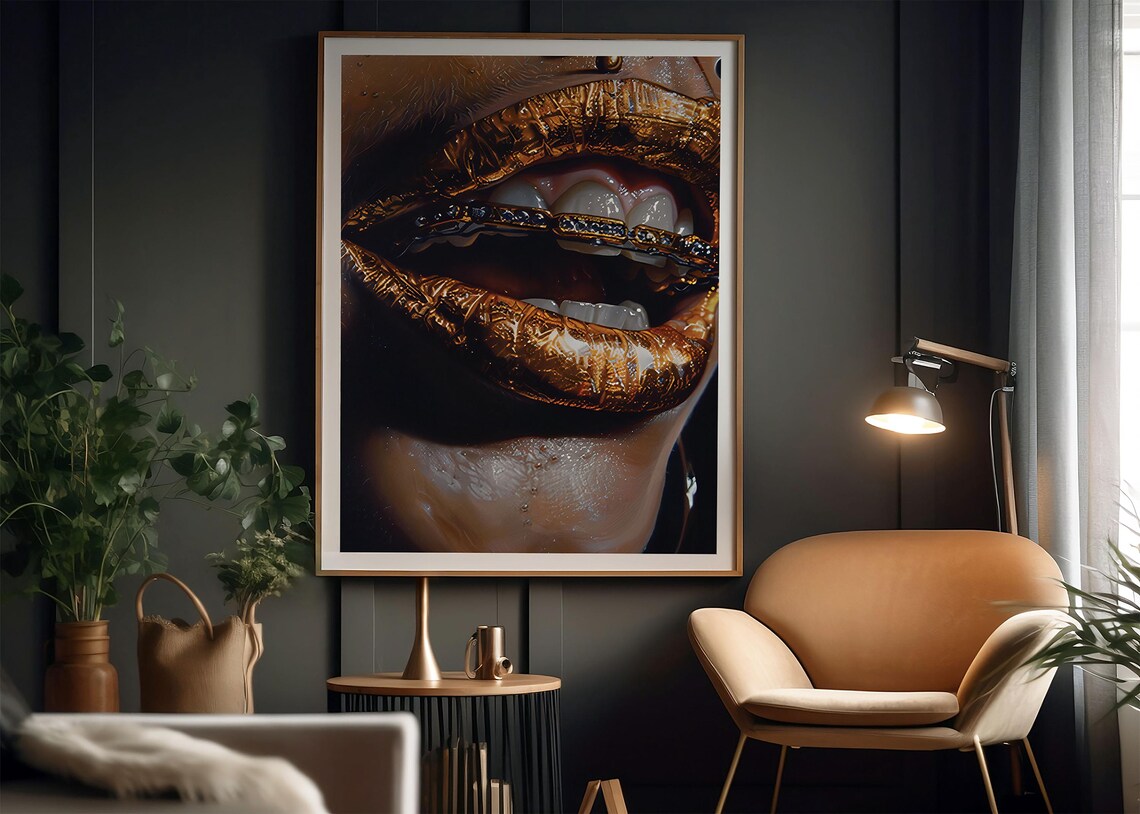 Gold Lips with Diamond Grill Photorealistic Beauty Portrait Poster - Image 2