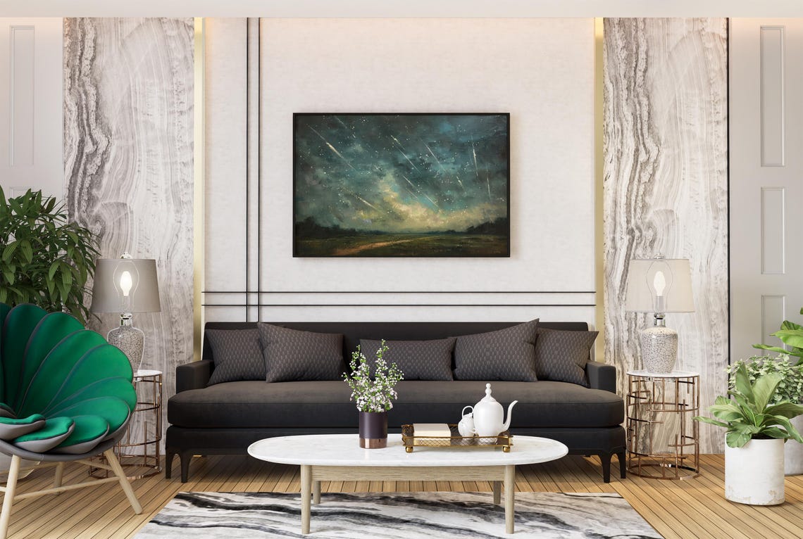Vibrant Meteor Shower Over Teal Meadow Starry Night Art Poster - Image 2