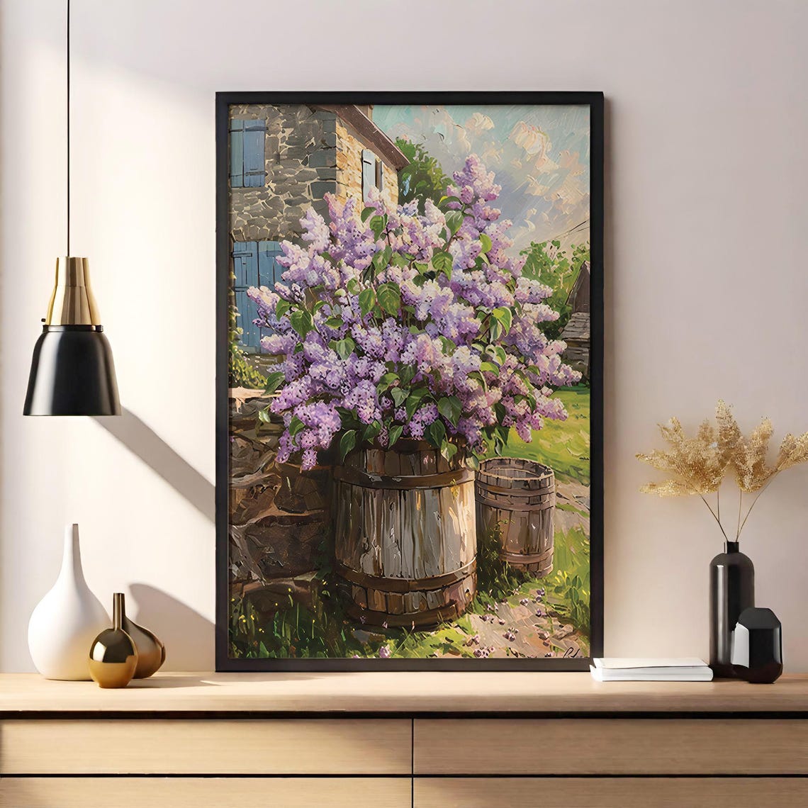 Lilac Bush by Stone House with Blue Shutters Countryside Poster - Image 5