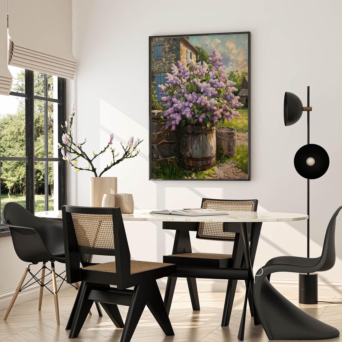 Lilac Bush by Stone House with Blue Shutters Countryside Poster - Image 2