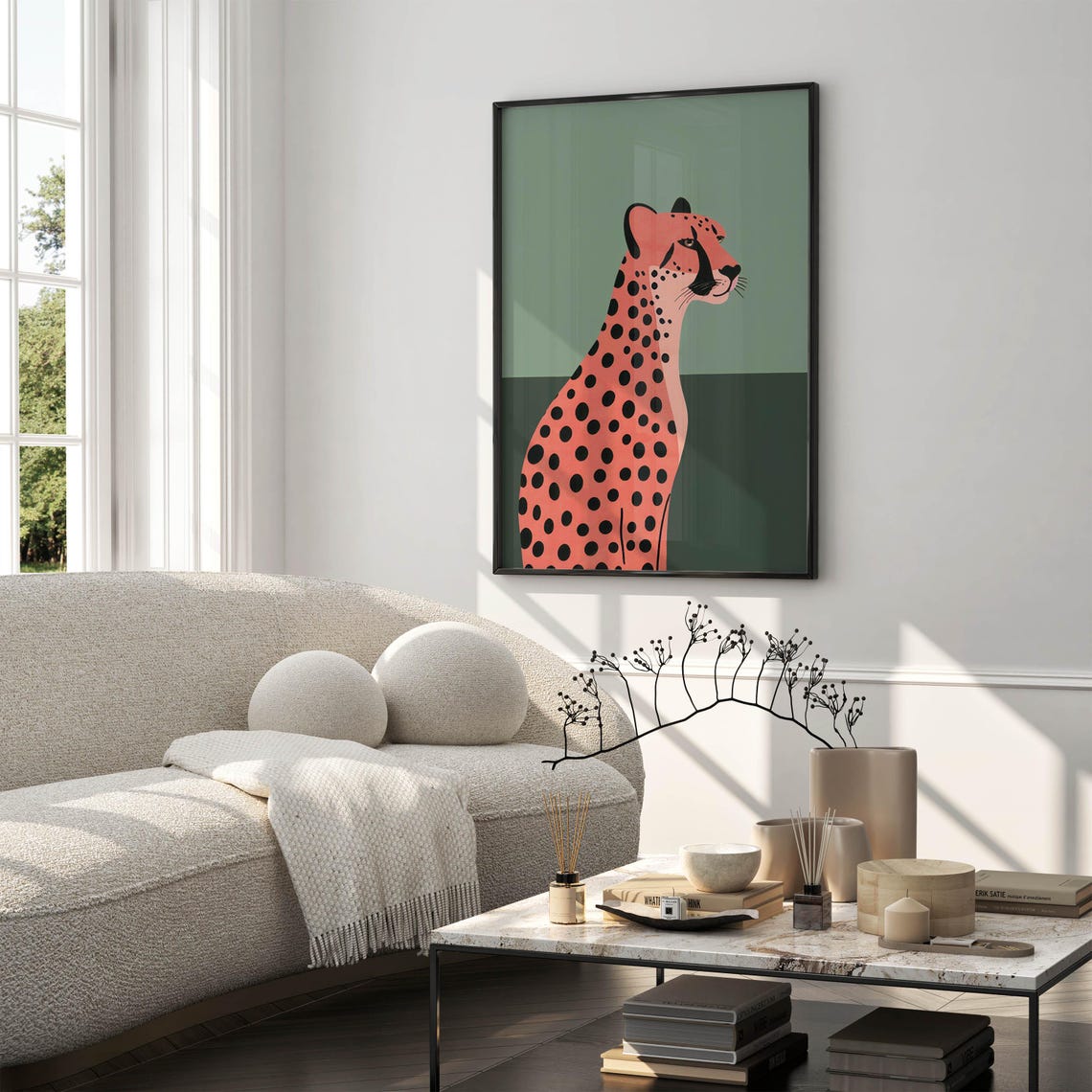 Coral Cheetah in Elegant Profile on Sage Green Minimalist Poster - Image 3