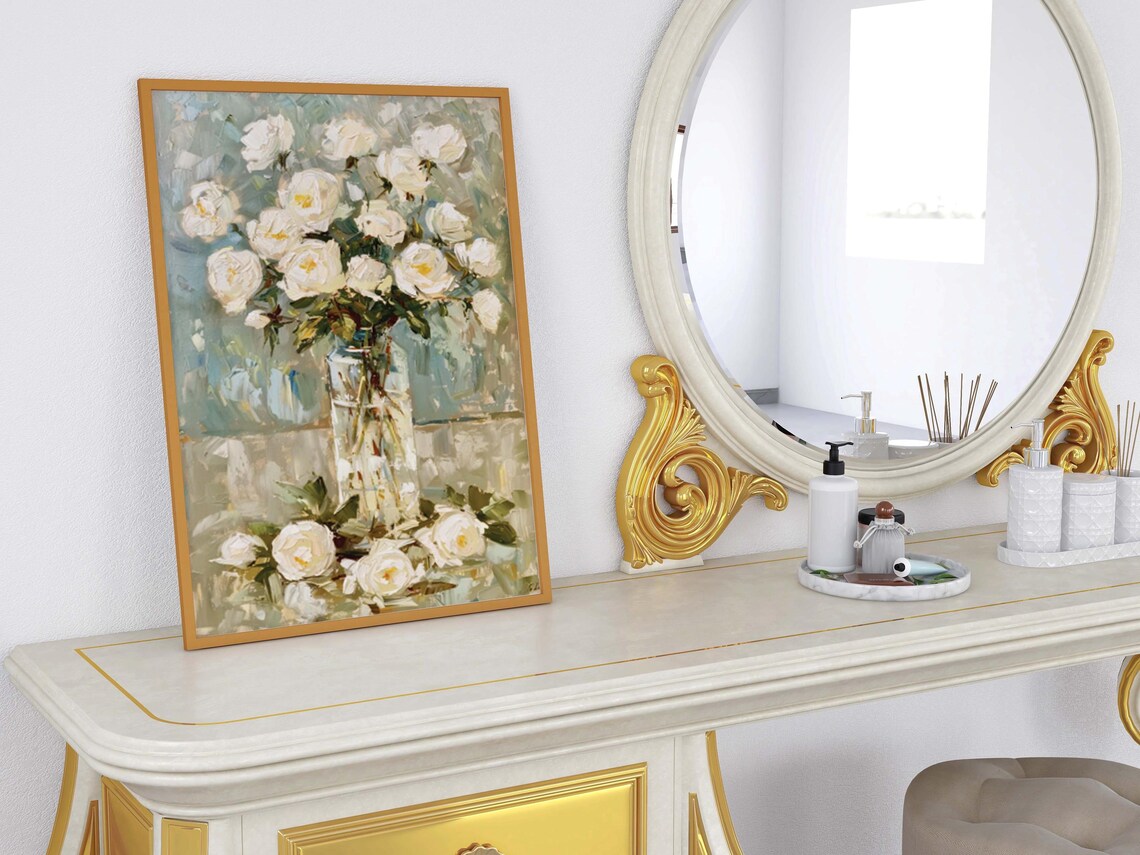 White Roses in Glass Vase Sunlit Floral Oil Painting Still Life Poster - Image 4