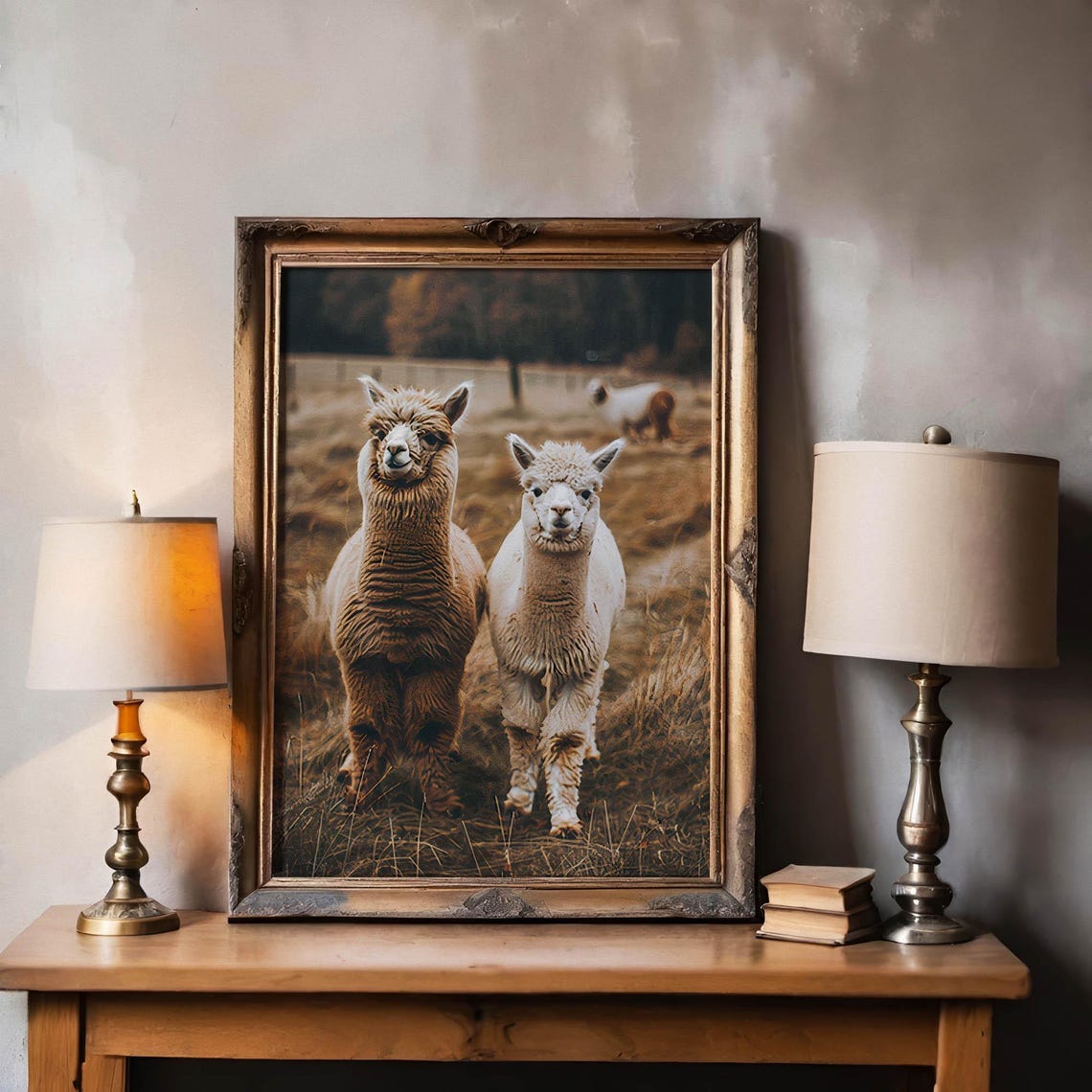 Alpaca Pair on a Golden Autumn Pasture Photographic Art Poster