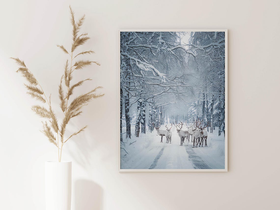 White Reindeer Herd on a Snowy Birch Forest Road Winter Poster - Image 5