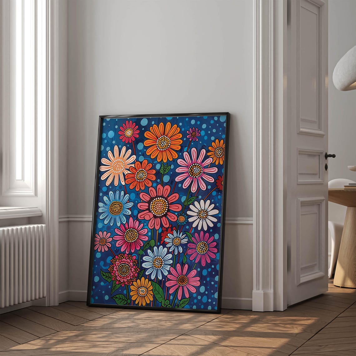 Colorful Folk-Art Daisies on Midnight Blue Background Poster - Image 6