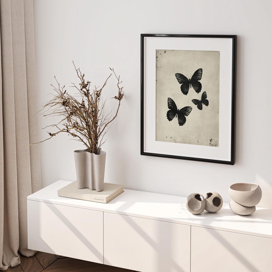 Three Black Butterflies on Vintage Cream Paper Botanical Wall Art - Image 2