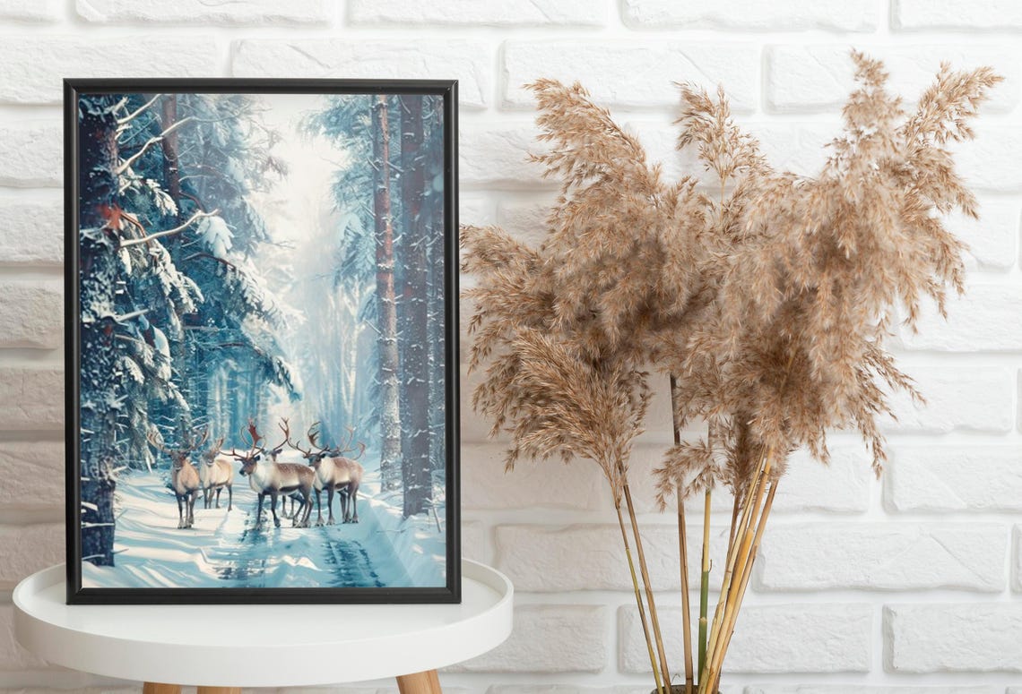 Reindeer Herd on a Snowy Trail Through the Pine Forest Poster - Image 2