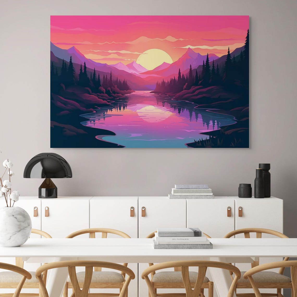 Sunset Mountain Landscape Print Vibrant Pink Purple Nature Wall Art Serene Forest And Lake Decor