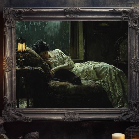 Victorian Woman Sleeping Poster Black Cat Art Moody Rainy Day Decor Dark Atmosphere Wall Art Gothic Print Unframed