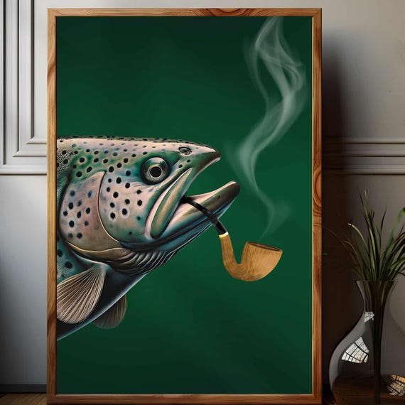 Trout Smoking A Pipe Vintage Poster Art Funny Retro Whimsical Unframed Poster Cabin Wall Decor Vintage Pipe Smoker Poster Gift For Dad