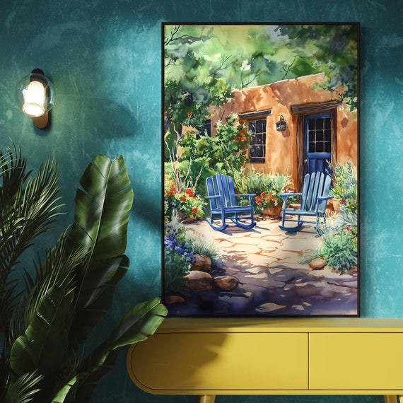 Rustic New Mexico Courtyard Print Blooming Garden And Rocking Chairs Art For Relaxing Southwest Wall Decor Perfect Rustic Home Charm