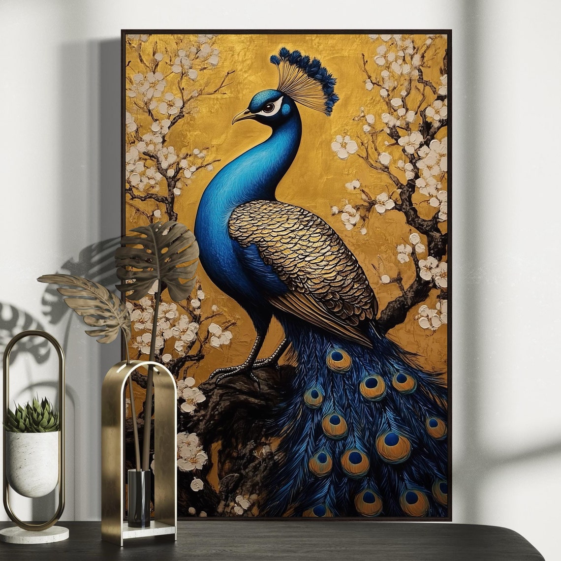Vibrant Blue Peacock Gold Leaf Background Cherry Blossom Elegant Print