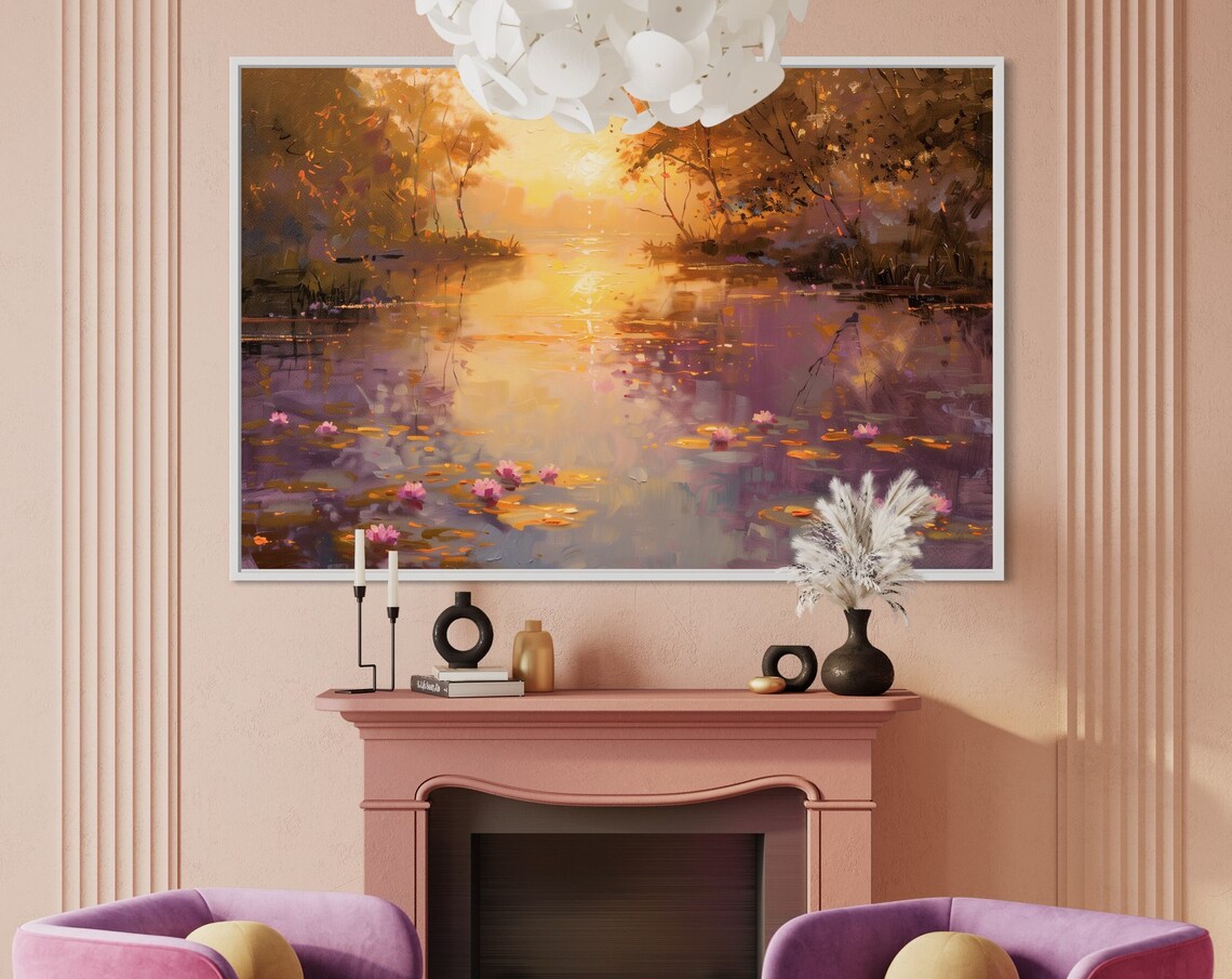 Vibrant Water Lilies Golden Sunset Pond Impressionist Art Poster