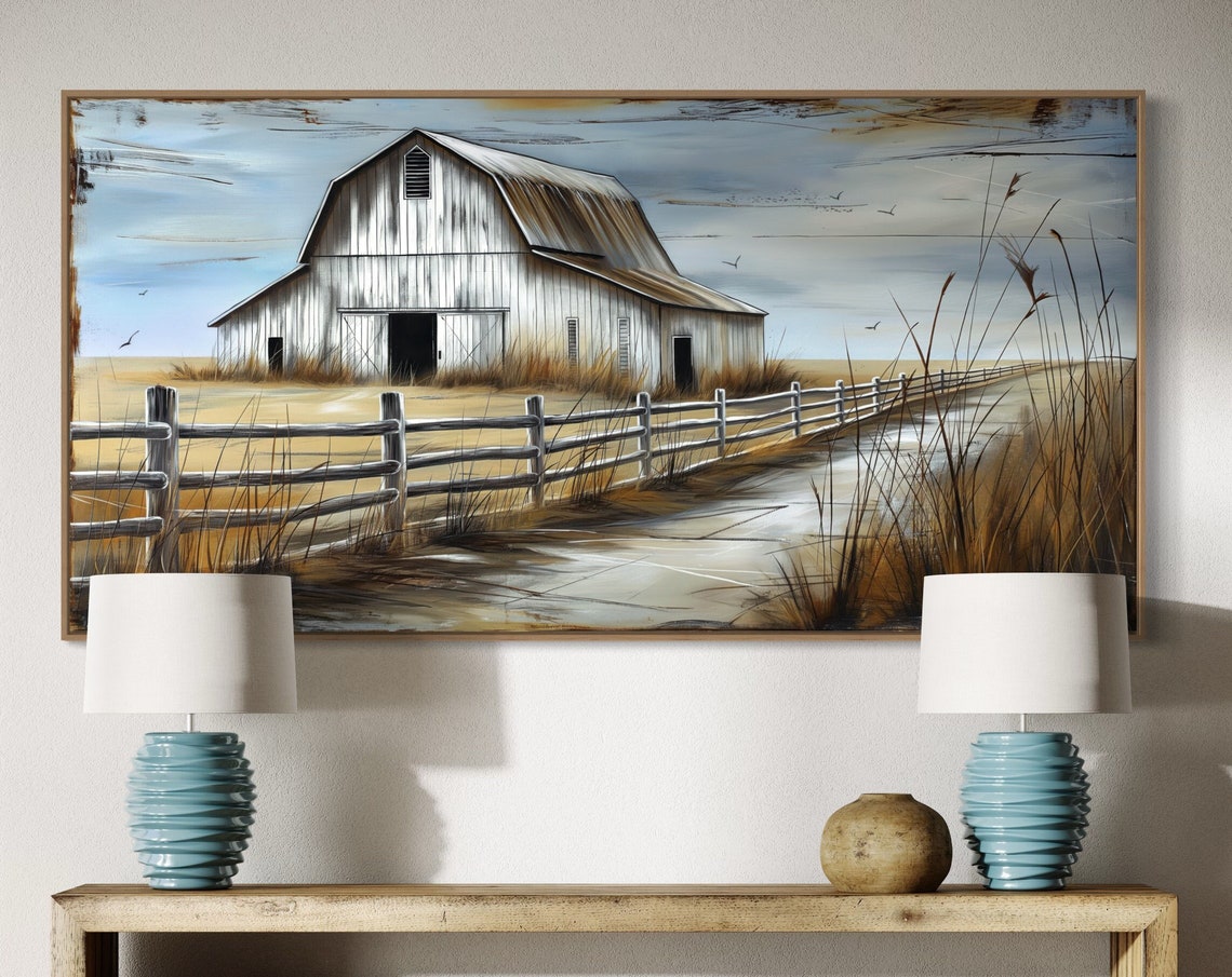 White Barn Country Road Wheat Field Rustic Panoramic Wall Art