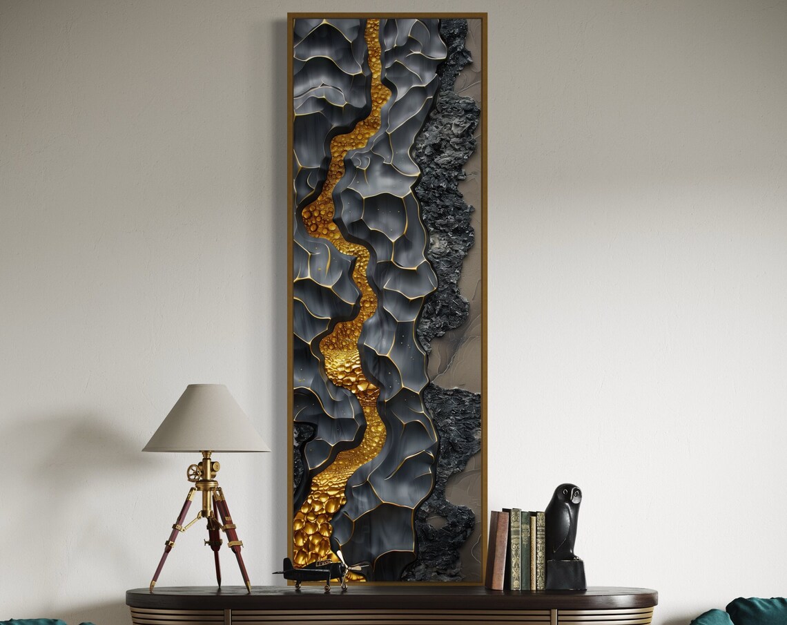 Black Gold Abstract Golden River Flowing Through Dark Rock Art Poster