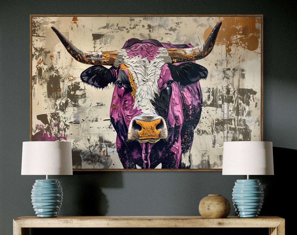 Colorful Longhorn Cow Portrait Rustic Charm Earth Tone Art Poster