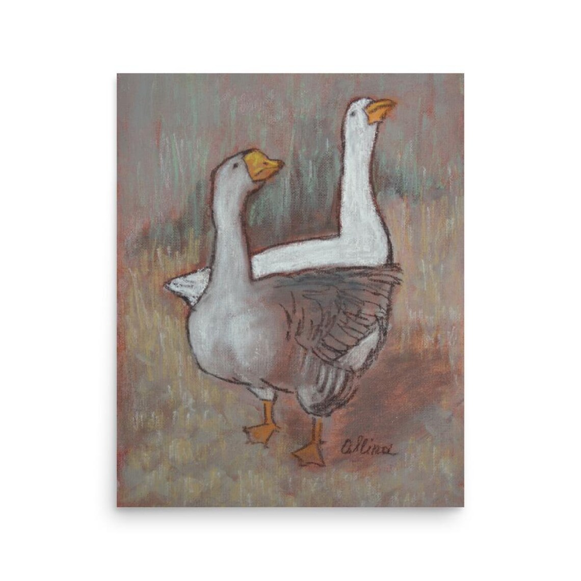 Two Geese Side by Side Painting Poster White and Gray Farm Birds - Image 3