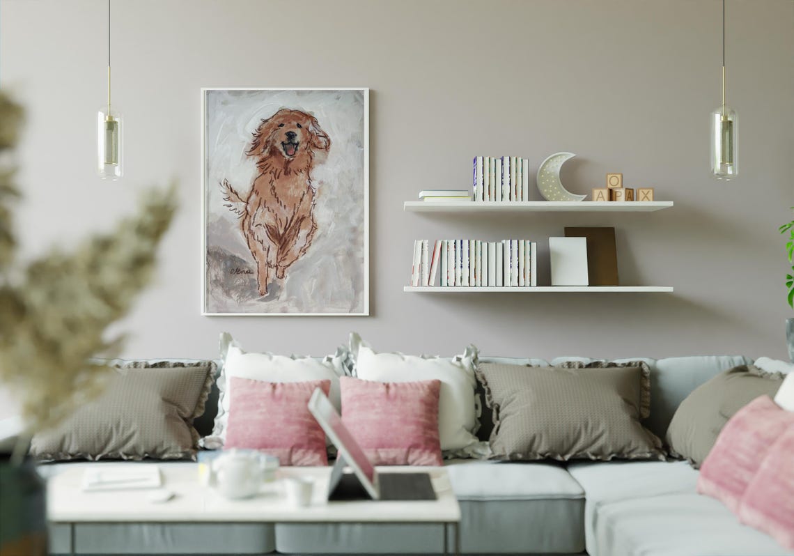 Joyful Leaping Golden Retriever Watercolor Sketch Art Poster - Image 2