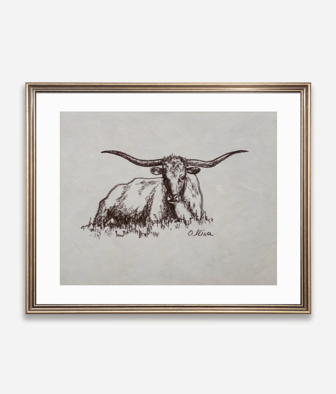 Longhorn Steer Resting in Grass Ink Sketch Poster Western Ranch Art
