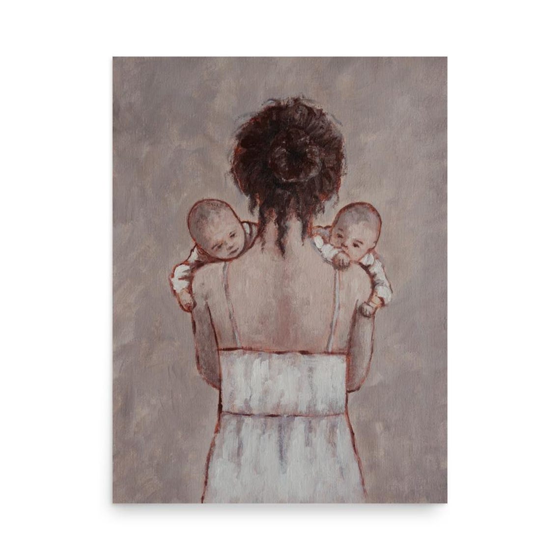 Mother Carrying Twin Babies on Shoulders Painting Nursery Poster - Image 3