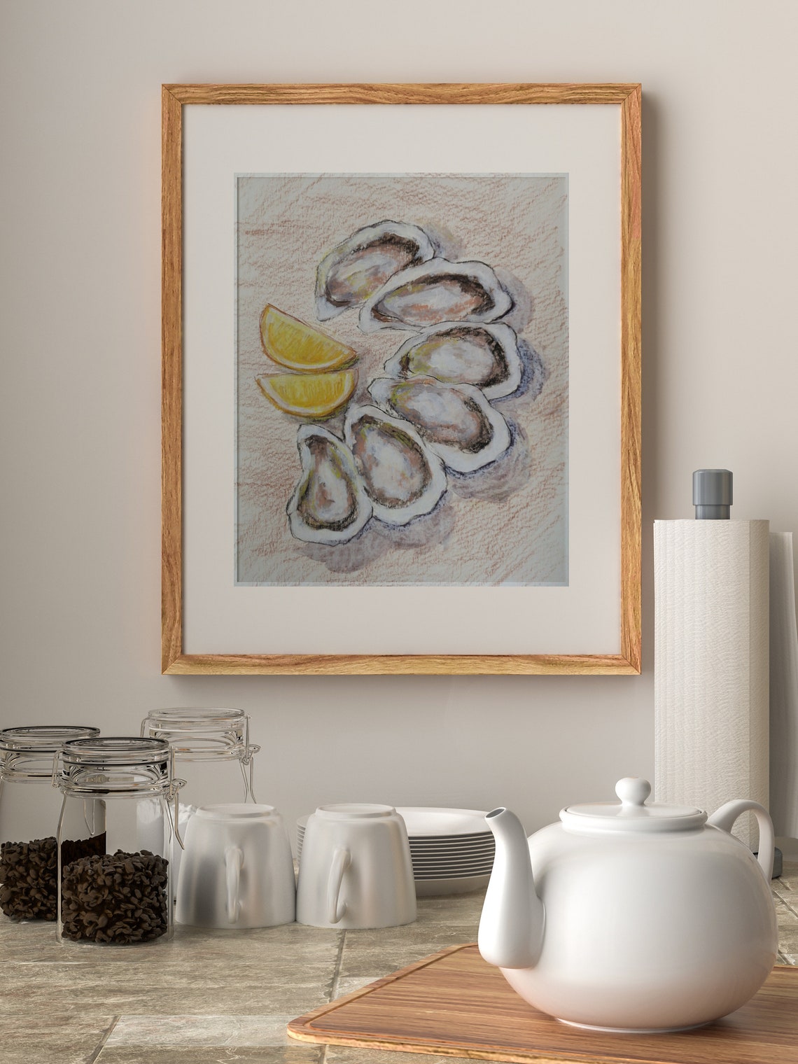 Fresh Oysters With Lemon Wedges Watercolor Kitchen Art Poster