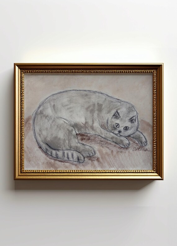 Gray Cat Resting Watercolor Sketch Minimalist Neutral Wall Poster