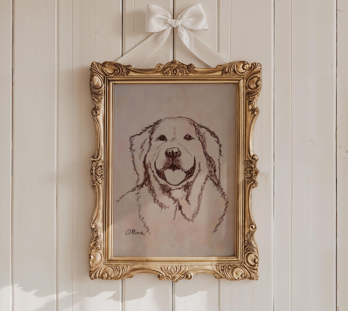 Golden Retriever Dog Face Sketch Poster Warm Sepia Pet Portrait