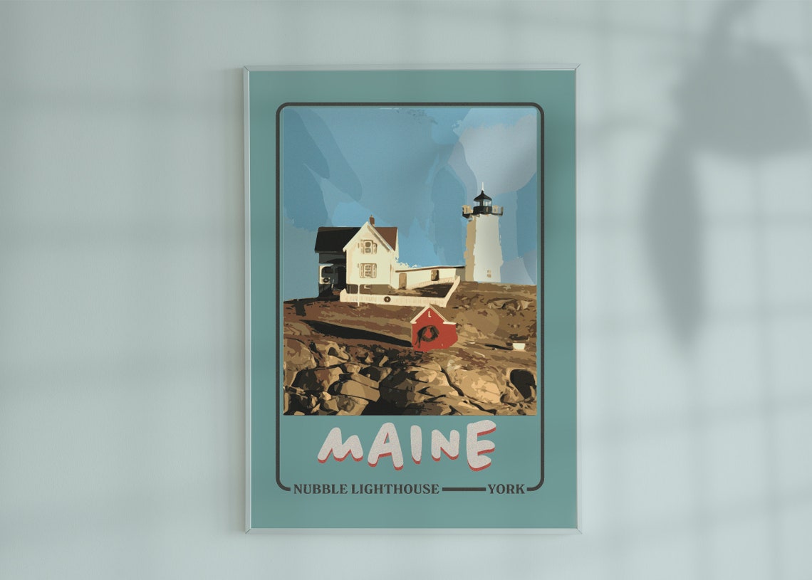 Nubble Lighthouse York Maine Rocky Shore Coastal Travel Poster