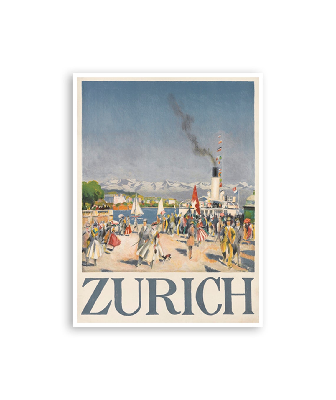Zurich Lakeside Steamer Alpine Peaks Vintage Swiss Travel Poster