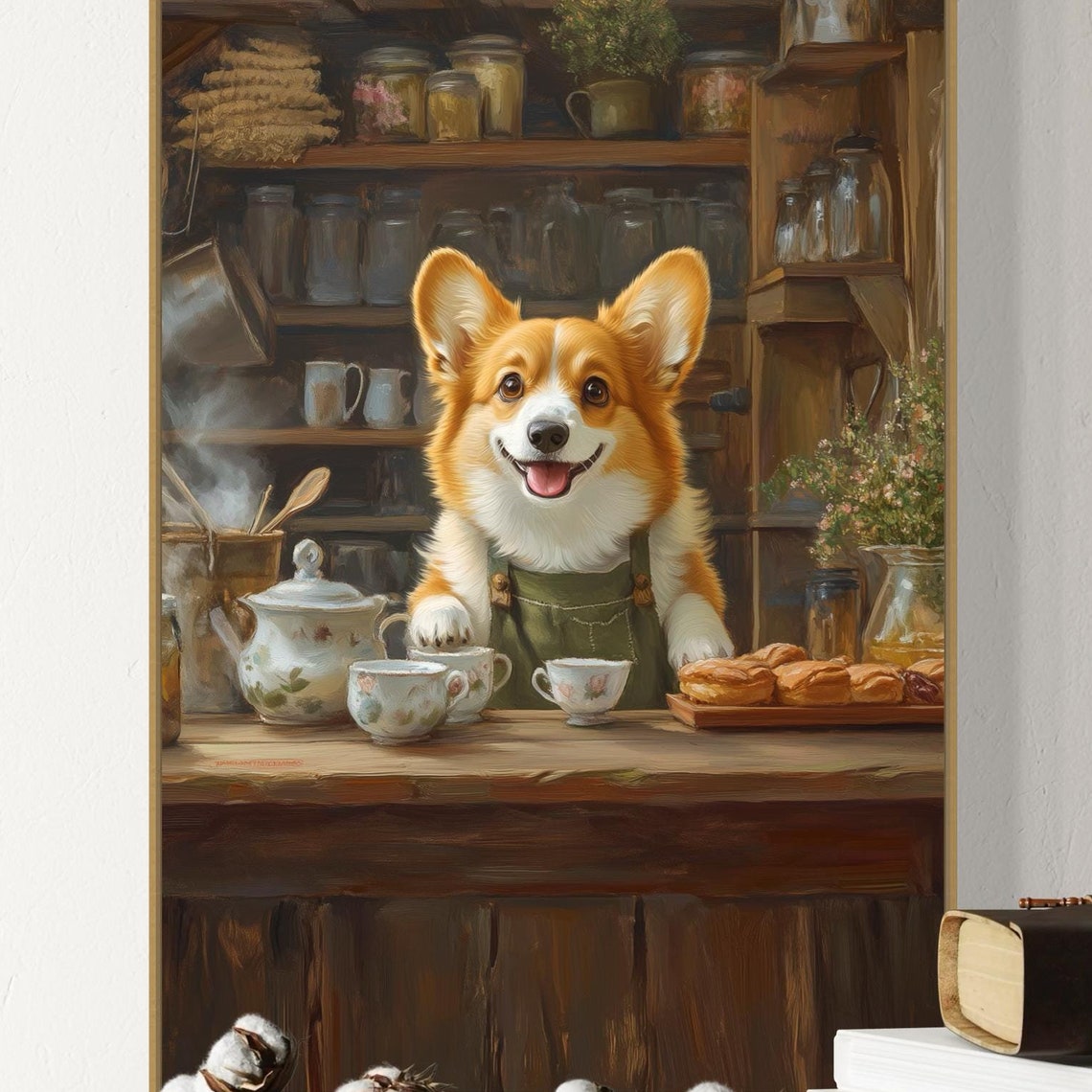 Corgi Tea Shop Barista Behind Rustic Counter with Teapots Poster