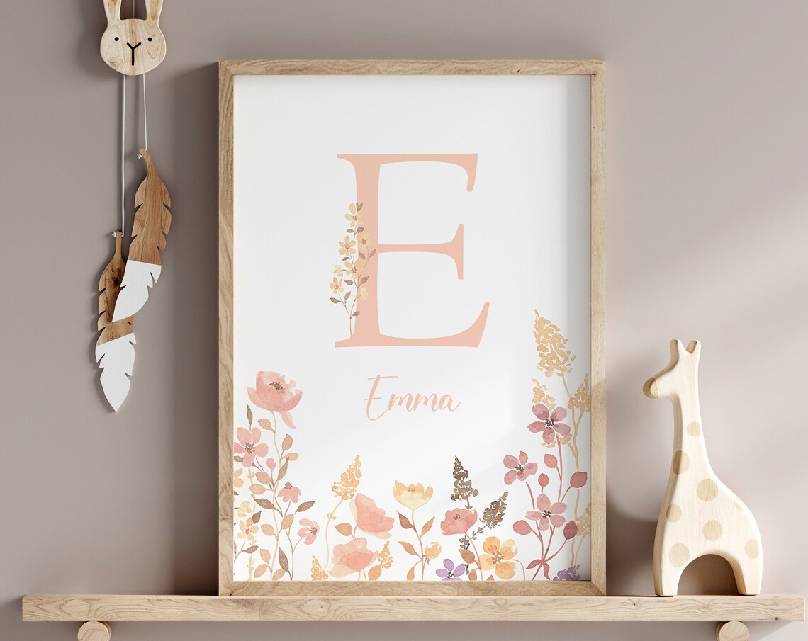 Boho Floral Initial And Name Nursery Art Print