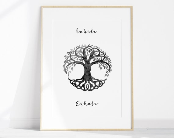 Inhale Exhale Yoga Quote Art Print, Mandala Tree