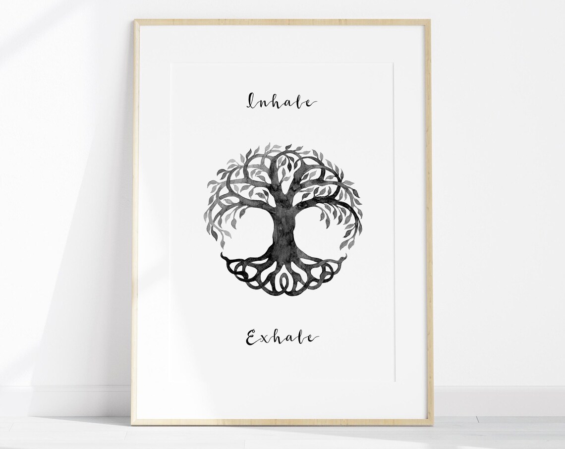 Inhale Exhale Yoga Quote Art Print, Mandala Tree
