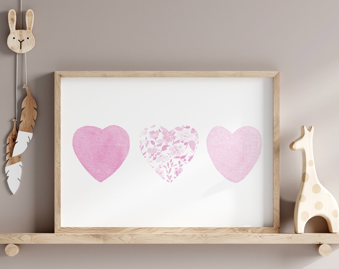 Three Pink Watercolor Floral Hearts Girl Nursery Wall Decor Poster