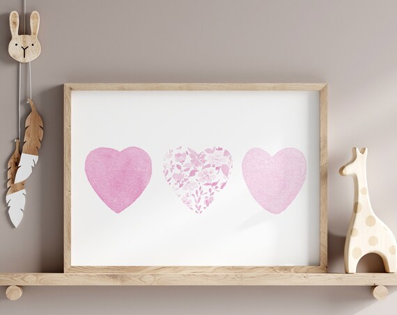 Three Pink Watercolor Floral Hearts Girl Nursery Wall Decor Poster